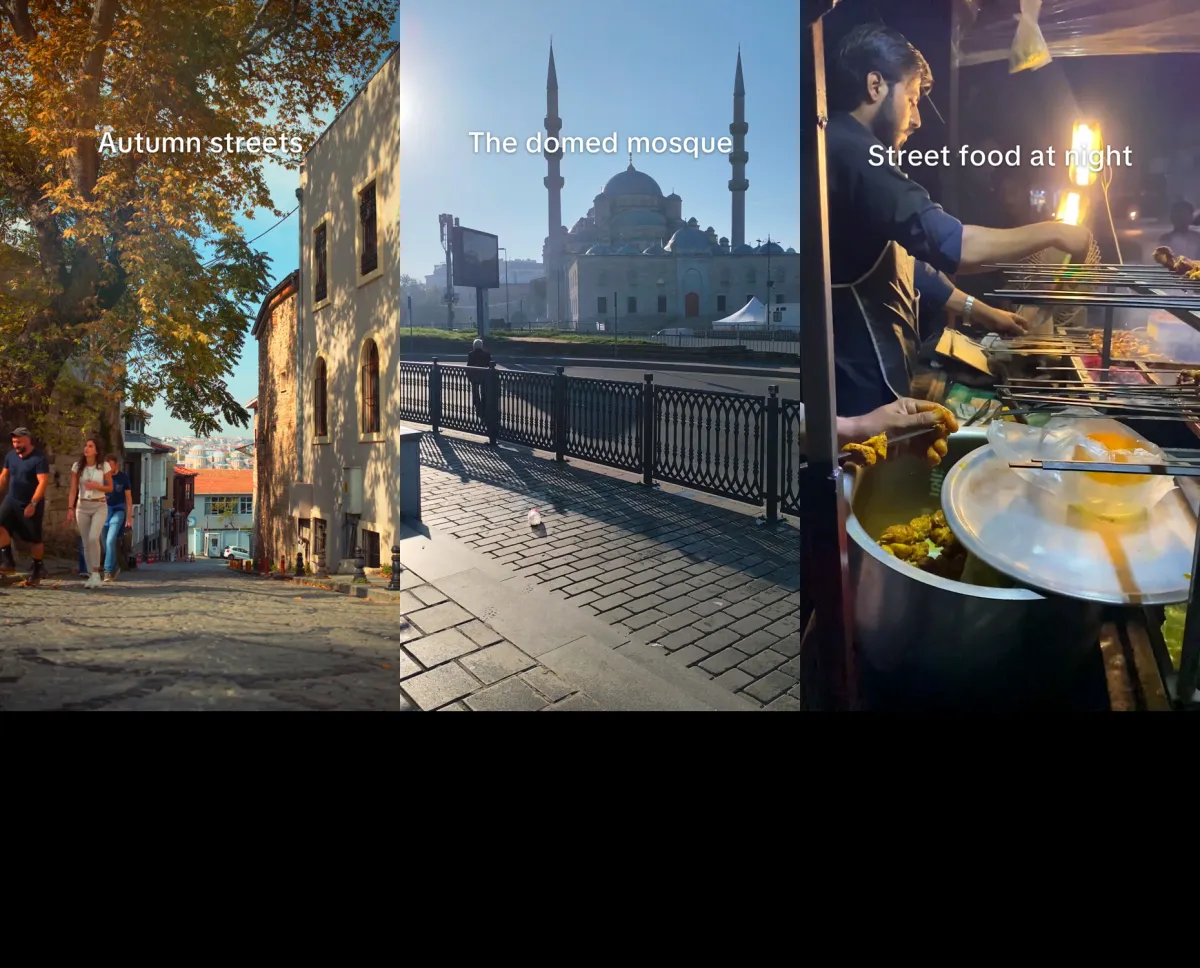 Three frames of the finished Istanbul Reel: autumn streets, the domed mosque and street food at night, each with the caption Azelify wrote