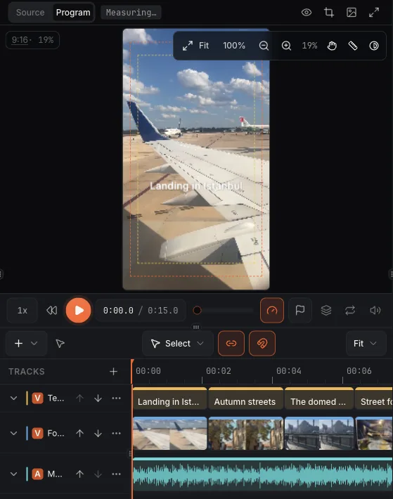 The Istanbul Reel open in the Azelify editor: the preview, and its caption, cutaway, footage and music tracks