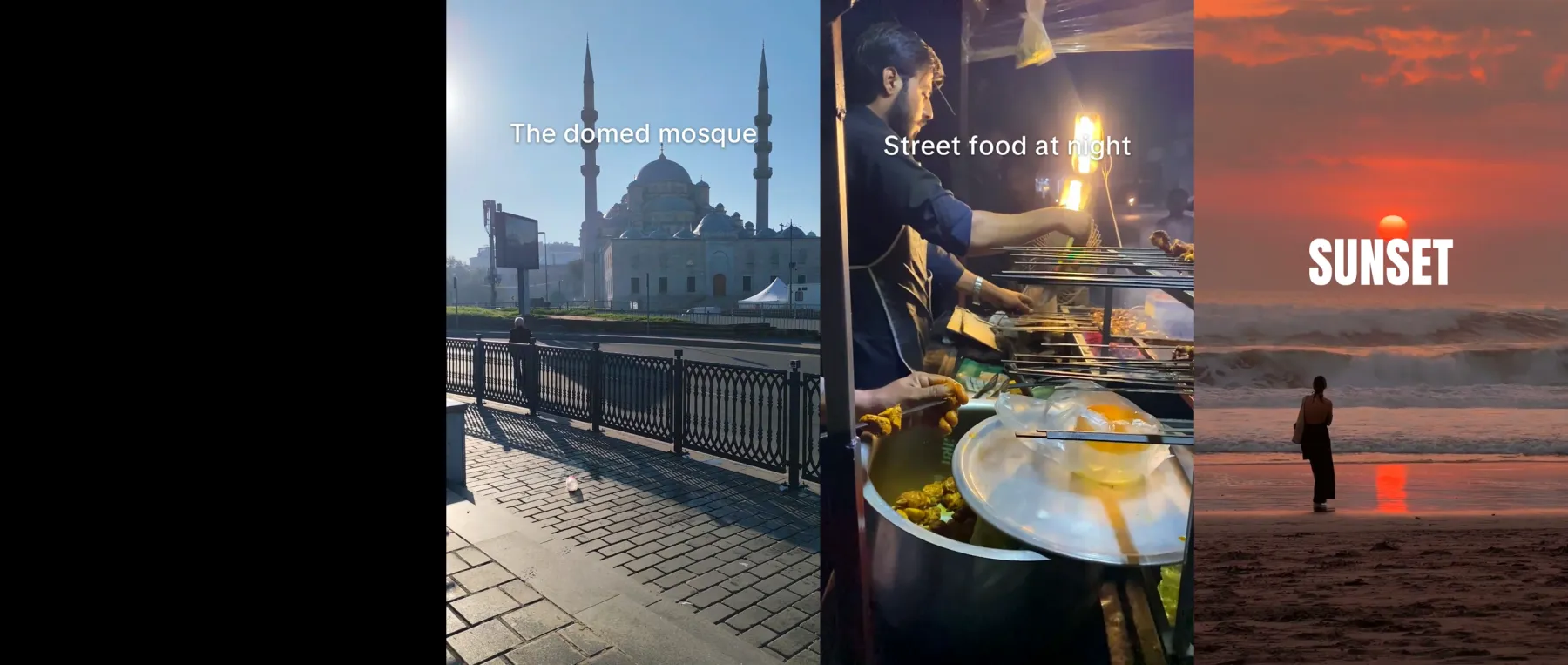 Three frames of the Istanbul Reel: the mosque, the street food and the sunset, each with its caption